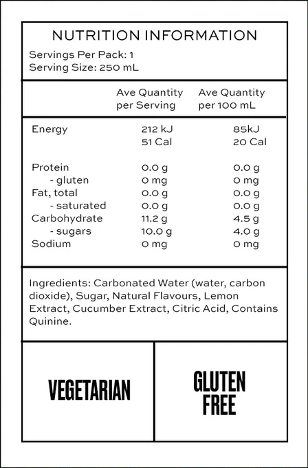 Nutrition facts for CUCUMBER G&T