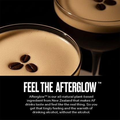 Two cocktails with coffee beans on a dark background, featuring the 'Feel the Afterglow' product description.