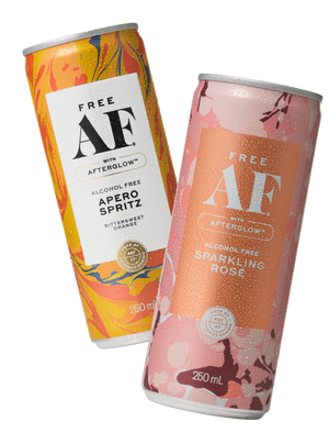 Two cans of alcohol-free aperol spritz and sparkling rose on a white background