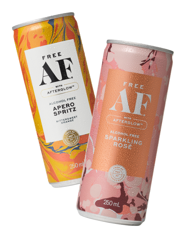 Two cans of alcohol-free aperol spritz and sparkling rose on a white background