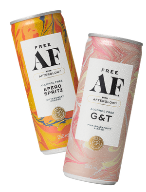 Two cans of alcohol-free aperol spritz and gin & tonic with colorful labels on a white background.