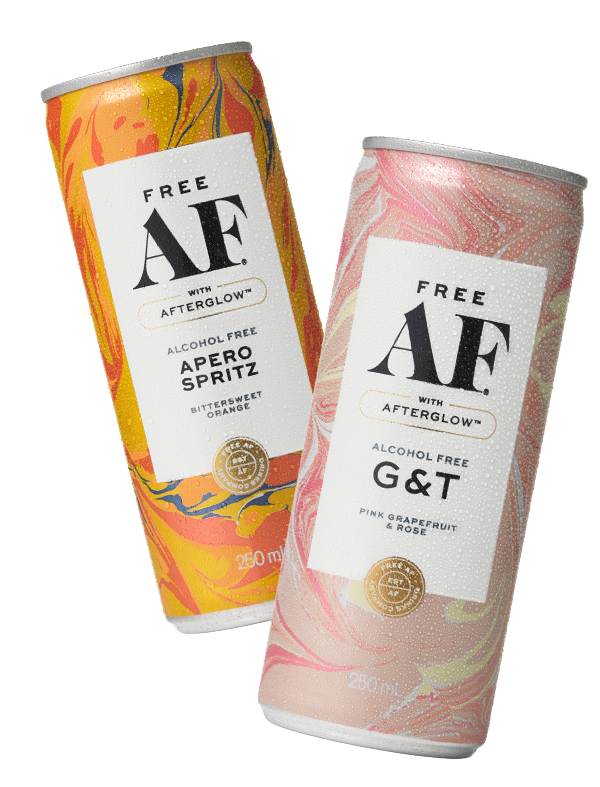 Two cans of alcohol-free aperol spritz and gin & tonic with colorful labels on a white background.