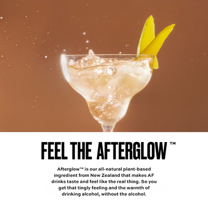 Cocktail with a lemon twist on a brown background, featuring the text 'Feel the Afterglow' and description of Afterglow.