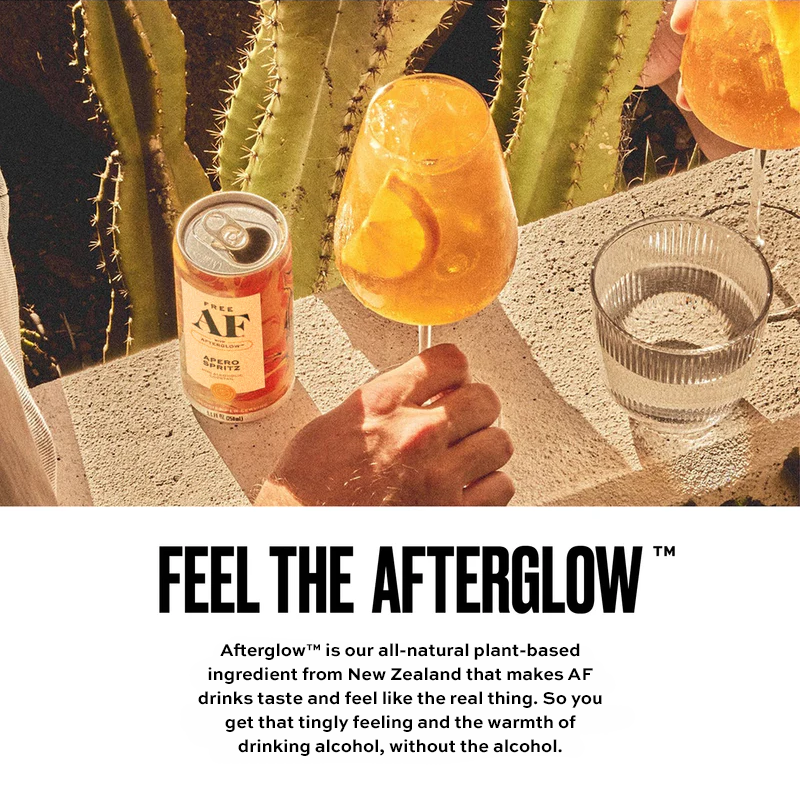 Two drinks with a can labeled 'AF' on a table with cacti in the background, featuring the text 'Feel the Afterglow'.