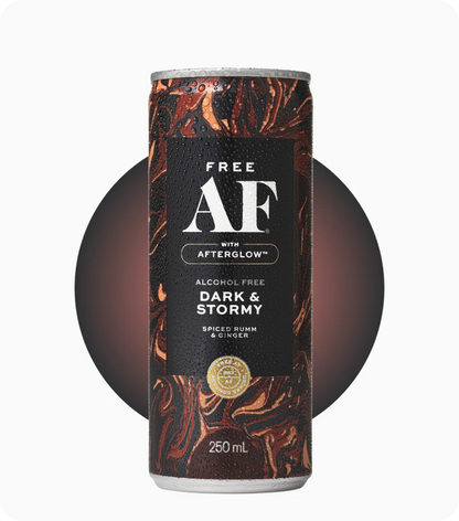 Alcohol-free dark stormy drink can with Afterglow branding on a white background