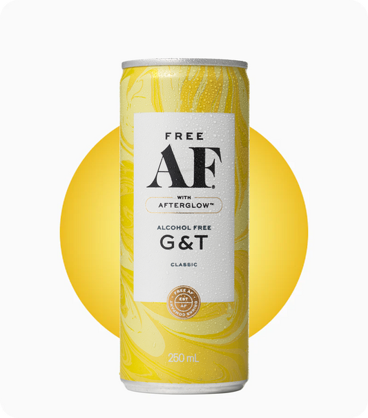 Alcohol-free G&T can with lemon design on a white background