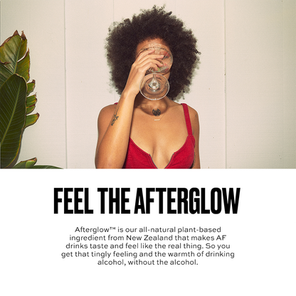 Person in red dress holding a glass with text about 'Afterglow' product.