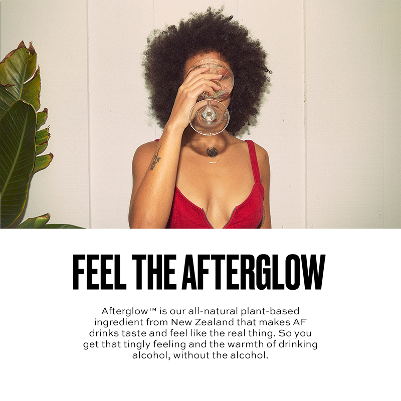 Person in red dress holding a glass with text about 'Afterglow' product.