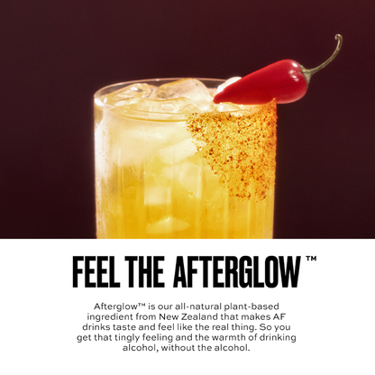 Glass of a spicy drink with a red pepper garnish on a dark background, featuring text about Afterglow.