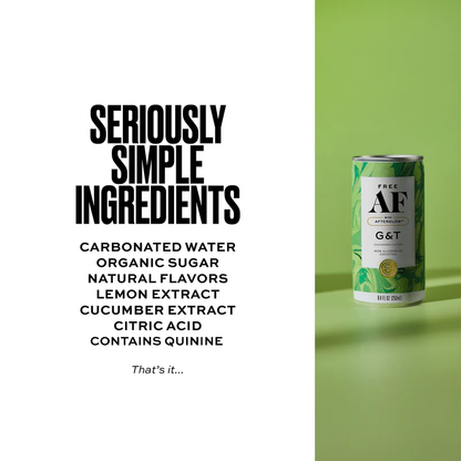 Can of AF G&T with ingredient list on a green background