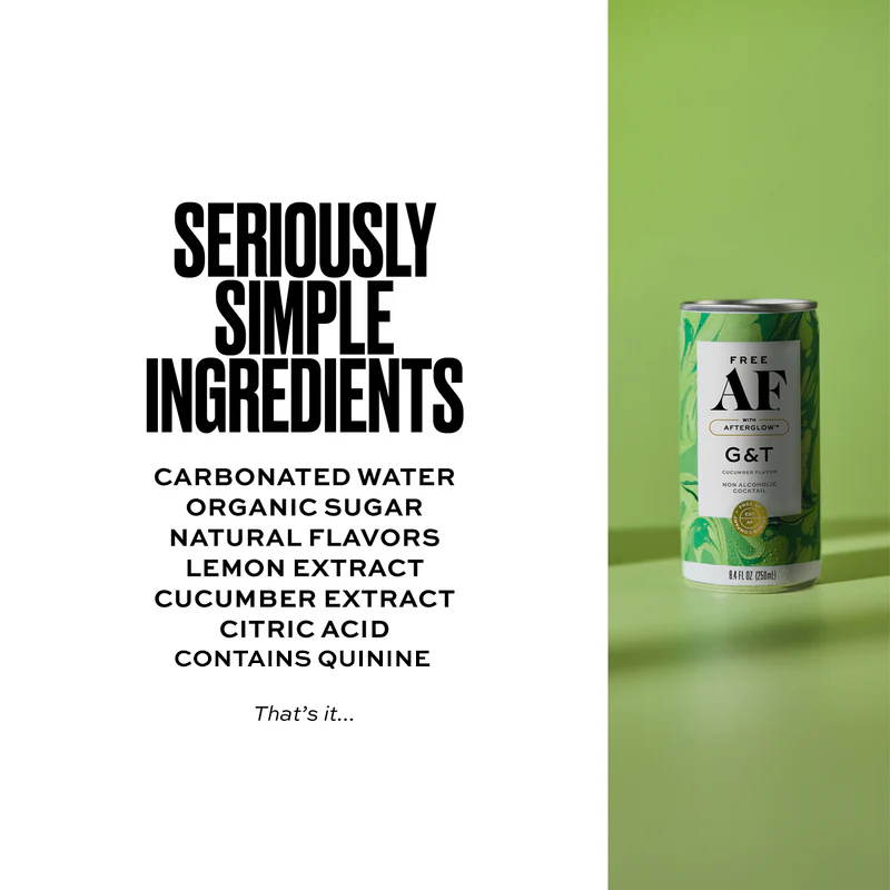 Can of AF G&T with ingredient list on a green background