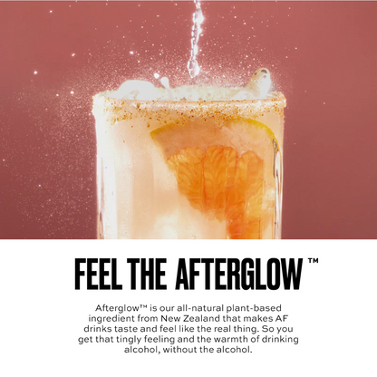 Glass of a non-alcoholic beverage with a slice of orange, accompanied by text about Afterglow.