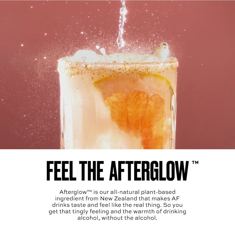 Glass of a non-alcoholic beverage with a slice of orange, accompanied by text about Afterglow.