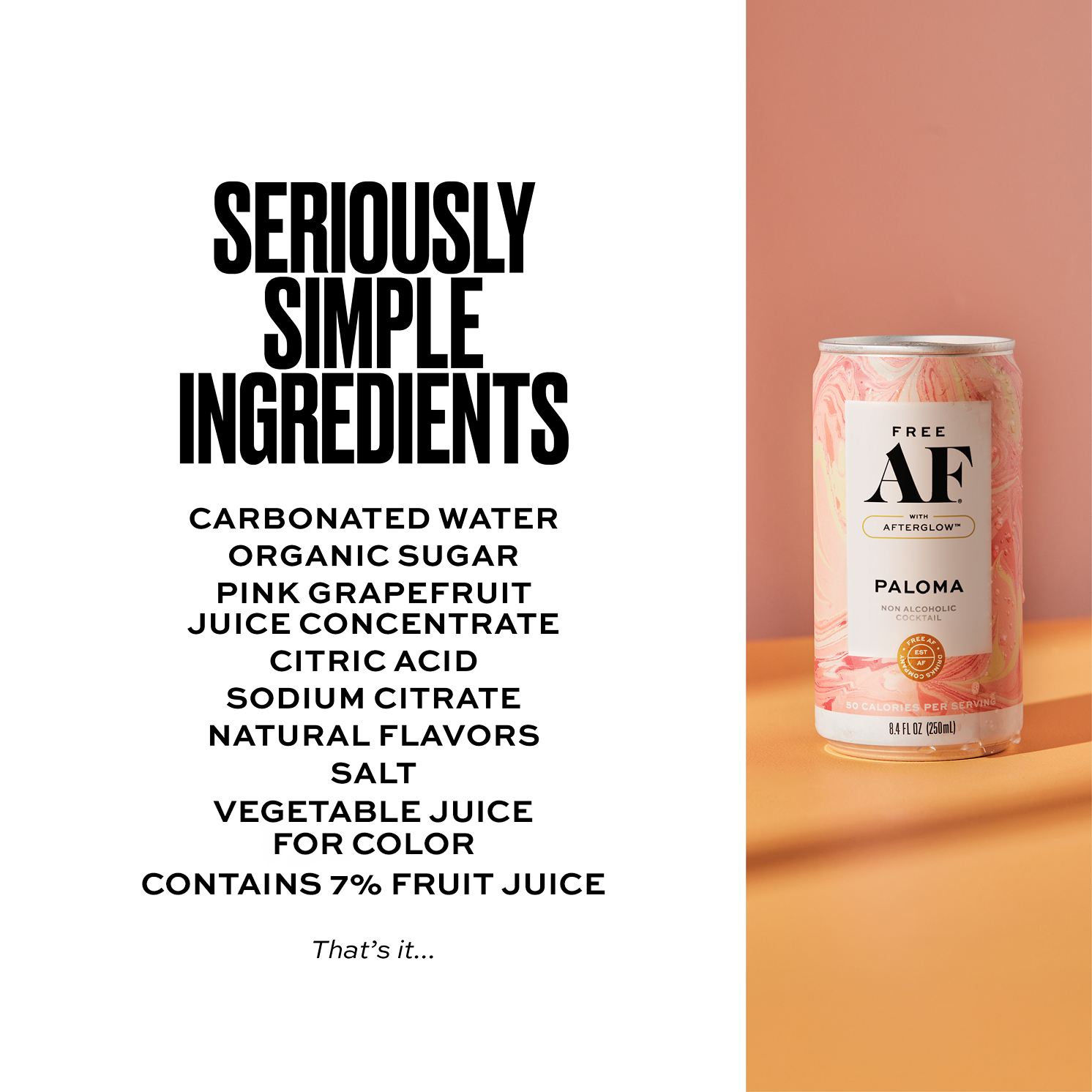 Can of AF Paloma with ingredient list on a white and orange background