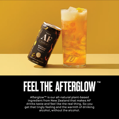 Can and glass of AF drink with text about Afterglow ingredient on a yellow background