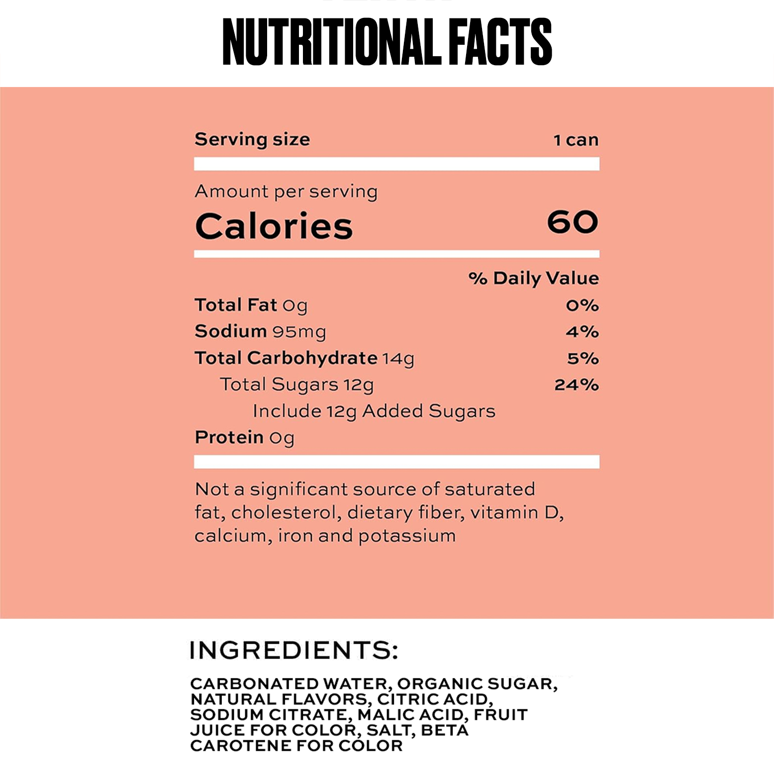 Nutritional facts label for a product with serving size, calories, and ingredient list on a pink background.