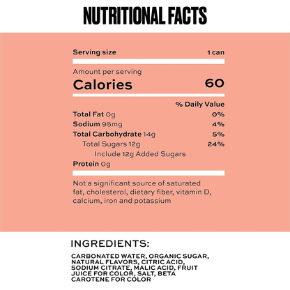 Nutritional facts label for a product with serving size, calories, and ingredient list on a pink background.