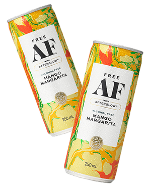 Two cans of Free AF Mango Margarita on a white background