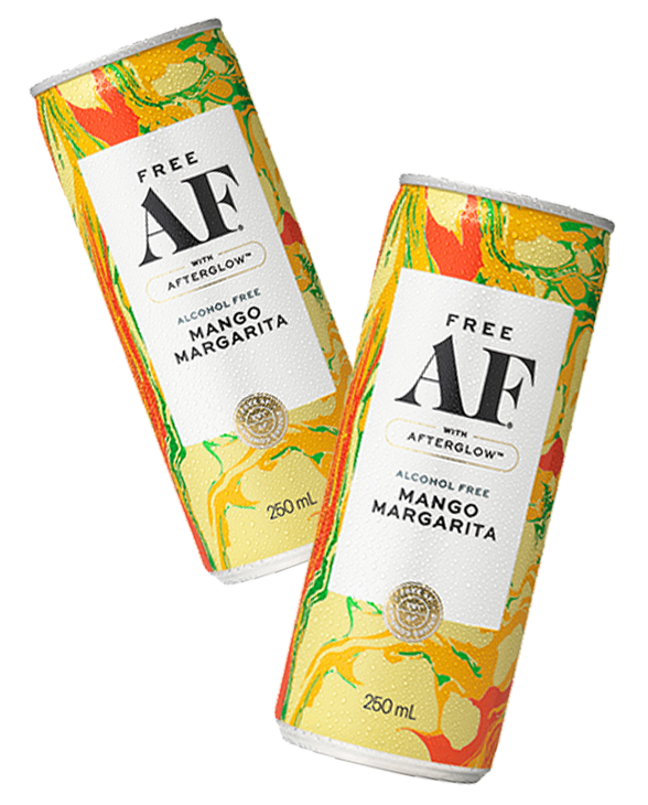 Two cans of Free AF Mango Margarita on a white background