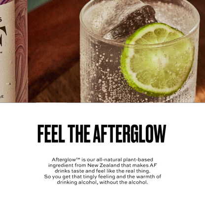Glass of AF drink with lime wedge and text about Afterglow ingredient.